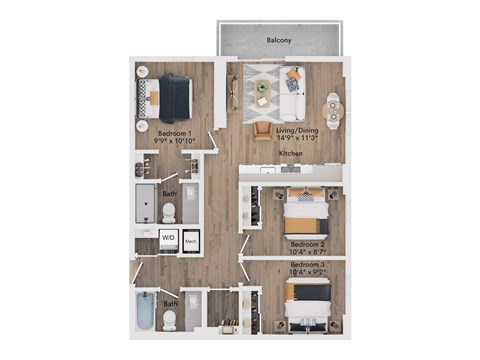 A floor plan of a house with a balcony, living/dining area, and three bedrooms.